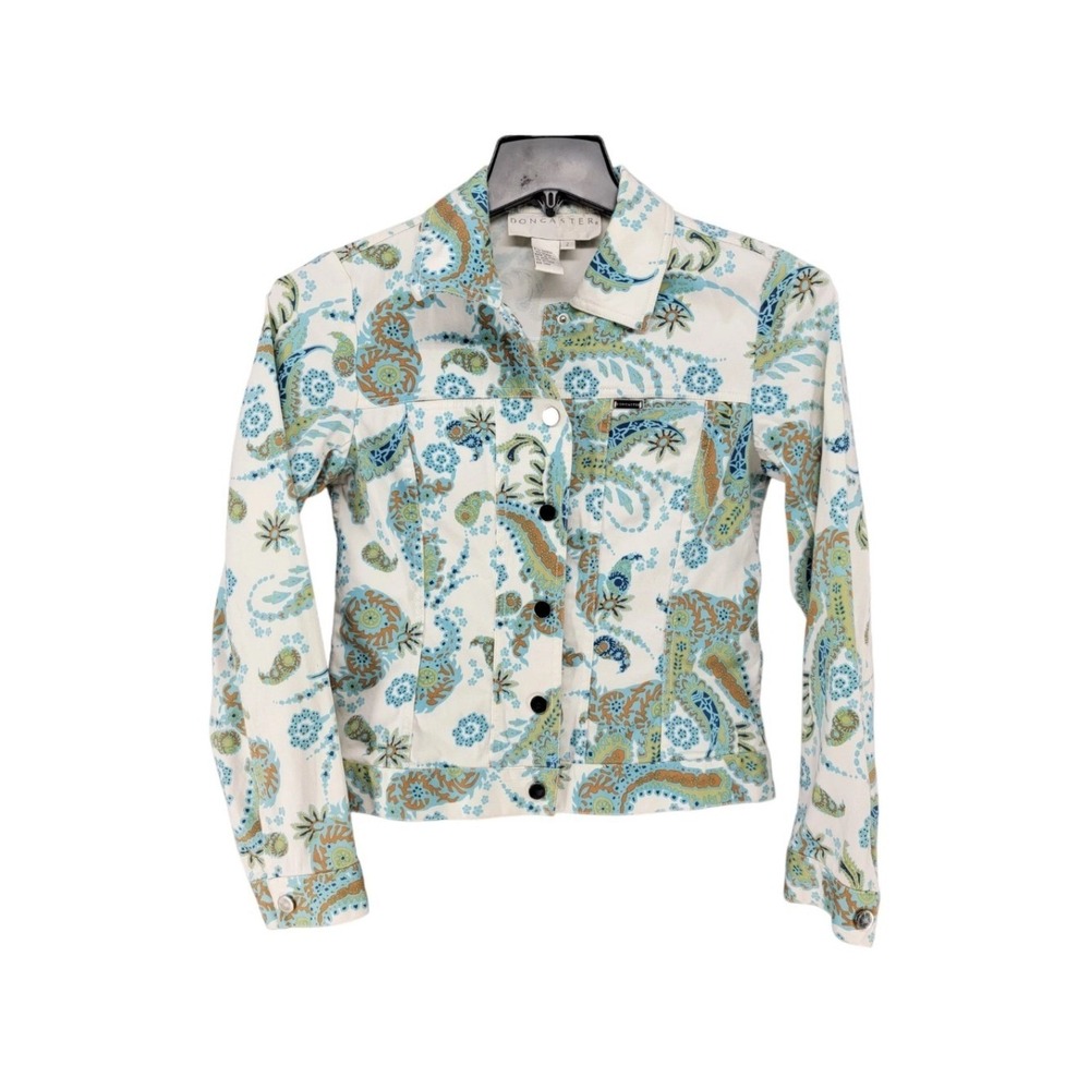 DONCASTER Paisley Print Button Front Jacket Blazer Size 10 Aqua Blue‎ White